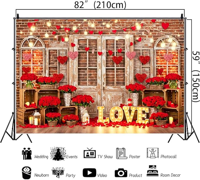 Red Rose Brick Wall Backdrop 7x5ft Romantic Love Theme Anniversary Backdrop Banner Vintage Door Window Light Decor for Engagement Wedding Couples Date Night Party Photo Booth Props (82x59inch)