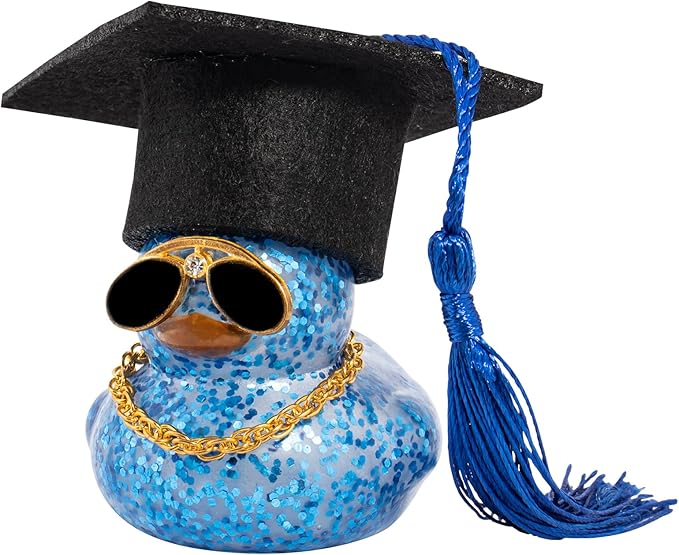 wonuu Car Dashboard Decor Graduation Hat Color Rubber Duck, Car Ducks Ornaments with Mini Graduation Hat Necklace Sunglasses (Dark Blue)