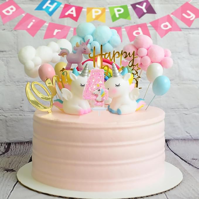Birthday Candles - Number 4 Candle, 4th Birthday Decorations Girl, Pink Unicorn Candles for Cake Topper, Cartoon Theme Party Supplies