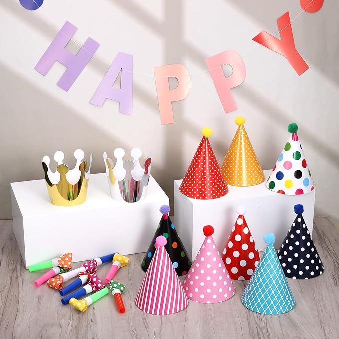 22PCS Birthday Party Hats Set Includes 1PC Happy Birthday Banner, 11PCS Cone Hats and 10PCS Party Blowers, Reusable Birth day Hat Set for Holiday Decorations, Photo Props, Birth Day Parties Supply