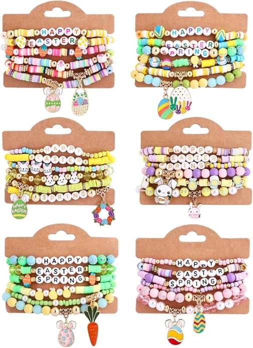 Cooluckday 36 Pcs Holiday Heishi Surfer Bracelets for Women Bulk Easter Mother's Day Christmas St. Patrick's Day Mardi Gras Bracelet Stackable Stretch Friendship Bracelets Set