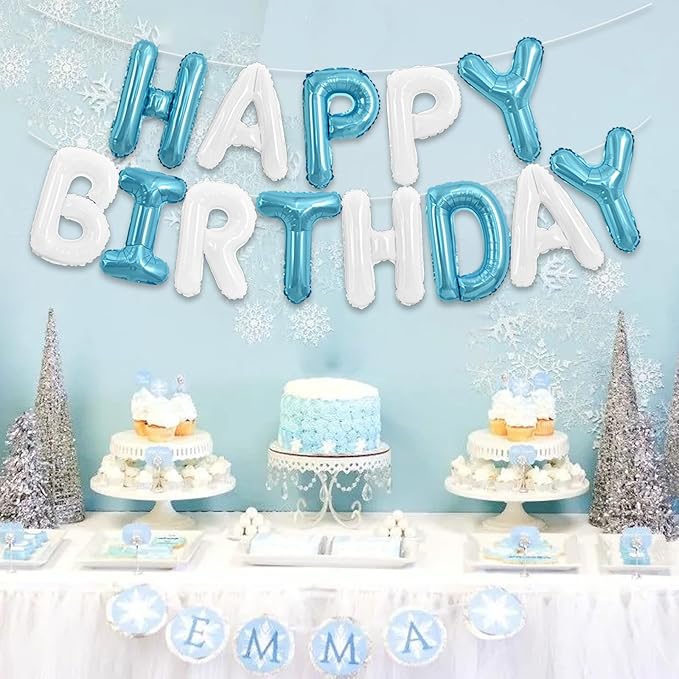 TONIFUL Happy Birthday Balloons Banner 16 Inch Mylar Foil Letters Birthday Sign Reusable for Girls Boys Kids & Adults Birthday Party Decorations Supplies（Light Blue White）