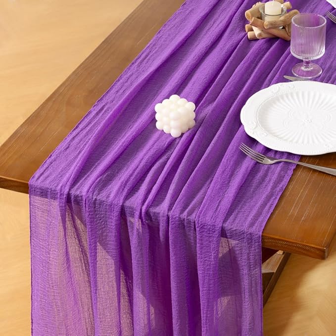 Socomi 3pcs Purple Easter Spring Cheesecloth Table Runner Gauze 120 Inch Rustic Boho Cheese Cloth Runner for Wedding Party Baby Bridal Shower Centerpiece Decoration Holiday Home Decorations