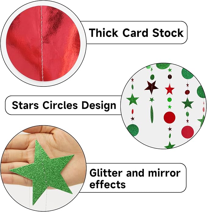 GCQQ 52Ft Christmas Garlands - Red Green Christmas Paper Streamers Garland Glitter Star Circle Dots Wall Hanging Decorations Indoor for New Year, Xmas Tree, Office, Table, Ceiling, Classroom