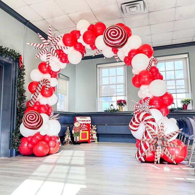 Christmas Balloon Garland, Red White Xmas Balloons Arch Kit with Foil Candy Cane Lollipop Balloons and Red White Star Mylar Balloon for Merry Christmas Party New Year Holiday Birthday Decorations