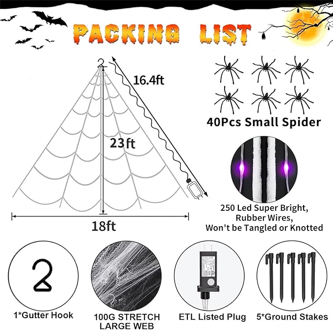 Halloween Decorations Outdoor, 250LED 23x18 FT Giant Spider Web with Purple Orange Lights, Lighted Triangular White Spider Web with Sturdy Wire, Waterproof, Timer, 8 Modes for Yard Halloween Décor