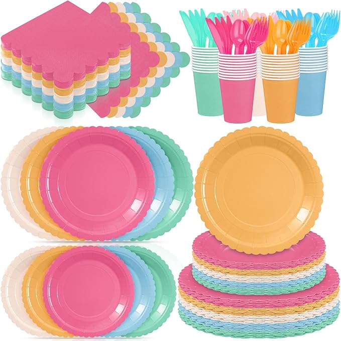 Zhehao 175 Pcs Candy Colors Party Supplies Set Colorful Disposable Tableware Kit with Plates, Cups, Napkins, Cutlery for Baby Shower, Birthday, Wedding