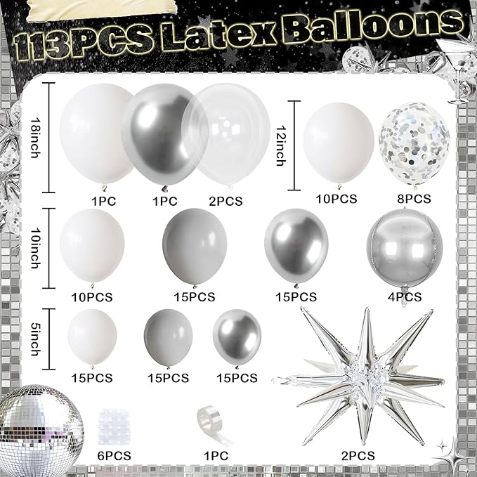 White Silver Balloons Garland Arch Kit, 113pcs White Grey Clear Balloons, Confetti Silver Explosion Star 4D Foil Balloons for Disco Winter Wonderland Holiday Christmas Birthday Ice Snow Party Decor