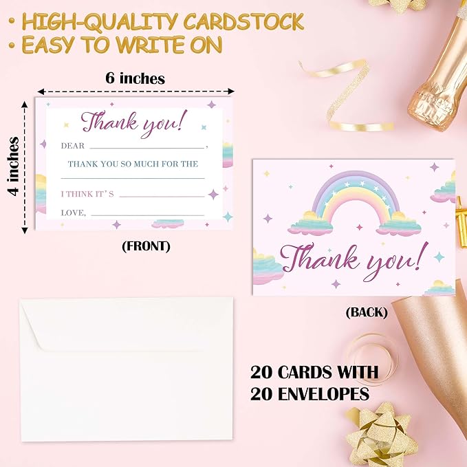 Kids Thank You Cards Fill in the Blank, Boho Rainbow Thank You Notes For Boys Girls, Pink Rainbow Greeting Card, Birthday Party Decorations Favors (20 Cards With 20 Envelopes) -27