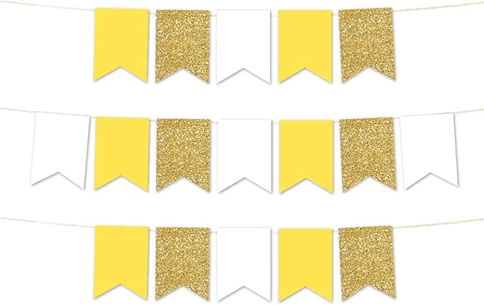Andaz Press Hanging Pennant Banner with String, Yellow, White, Faux Gold Glitter, 1-Set, 24 Pennants, Approx. 12-Feet Long, Pineapple Party Theme Birthday Supplies