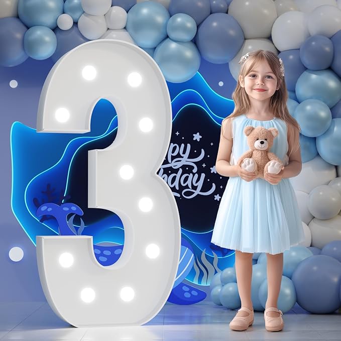 Marquee Number 3rd-Birthday Decorations: 4FT Large Light up Numbers 3 Big Sign for Boy Girl Third Birthday Sweet One Year Old Party Decor Anniversary Graduation Wedding Engagement Mosaic Balloon