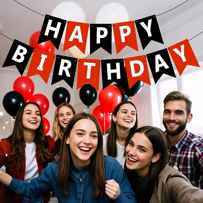 Happy Birthday Banner Sign, Birthday Garland Wall Door Hanging Banners Flag for Women Men Boys Girls Party Backdrop Decorations, Personalized Name Banner White Letters Black and Red