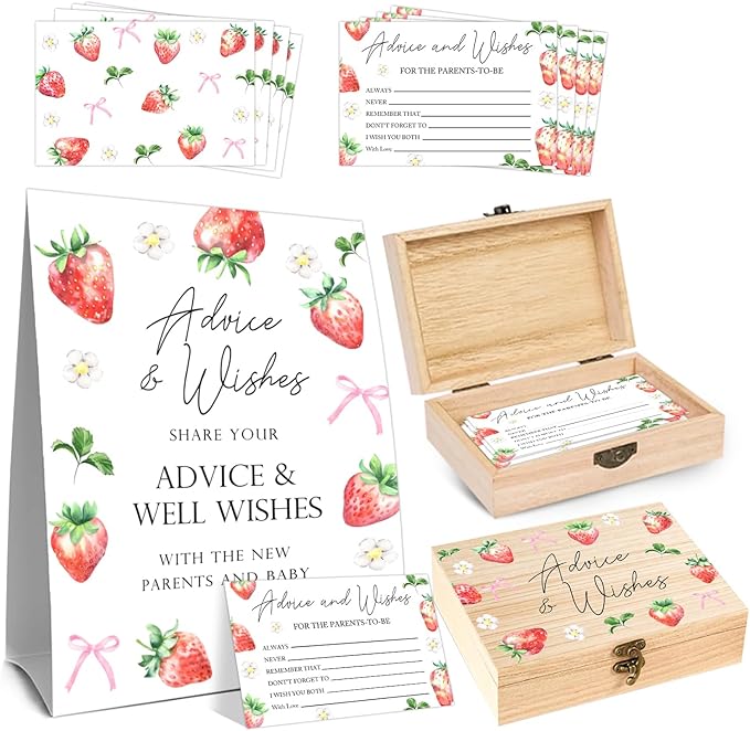 Strawberry Bow Baby Shower Advice Cards Box, Babies Party Decor Gifts, Baby Shower Wishes and Advice Card Boxes for Babies Party, 50 Double Sided Strawberry Cards, Wooden Advice Boxes for New Parents