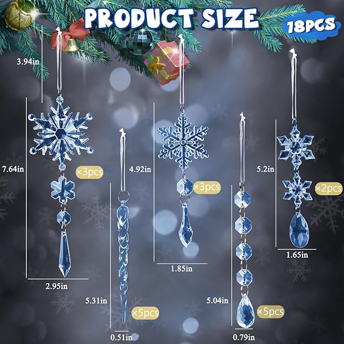 18pcs Crystal Christmas Ornaments for Christmas Tree Decorations- Light Blue Hanging Acrylic Snowflake and Icicle Ornaments with Drop Pendants for New Year Party Decorations Supplies