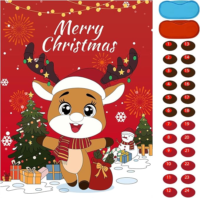 Christmas Games - Pin The Nose on The Reindeer Games for Families Party, Cute Indoor Christmas Home Decor Party Decorations, Xmas Activities Presents Holiday Decor, Red