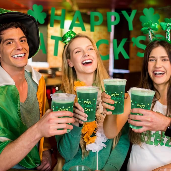 St. Patrick's Day Celebration Pack - 60 Pcs 12oz Irish Themed Plastic Cups with Lucky Shamrock Design, Disposable for Easy Clean-Up, Ideal for Party Supplies & Favors,Irish Party Decorations