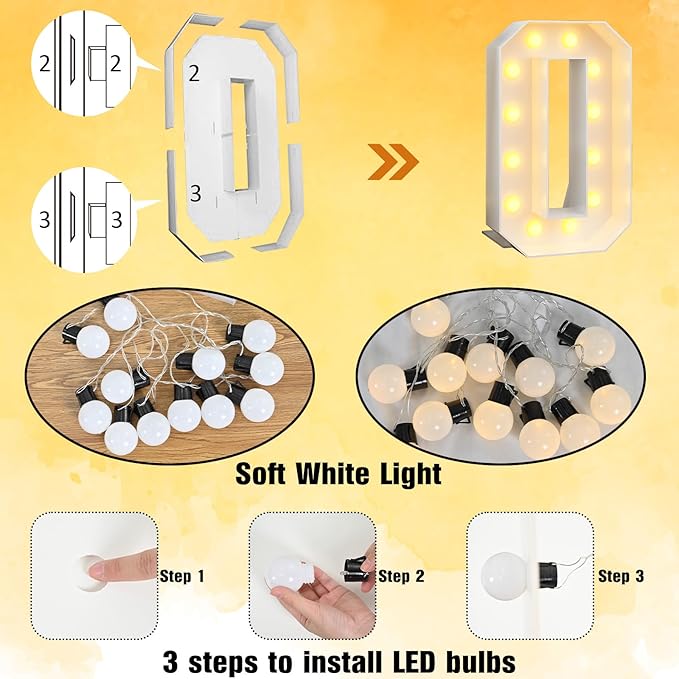 Light Up Number 0 White Large Marquee 4ft Numbers with Lights Mosaic Frame Slots-in Letter 0 for Birthday Party Decorations Pre-Cut Cardboard Giant Cut-Out Thick Foam Board 2025 Sign Graduation