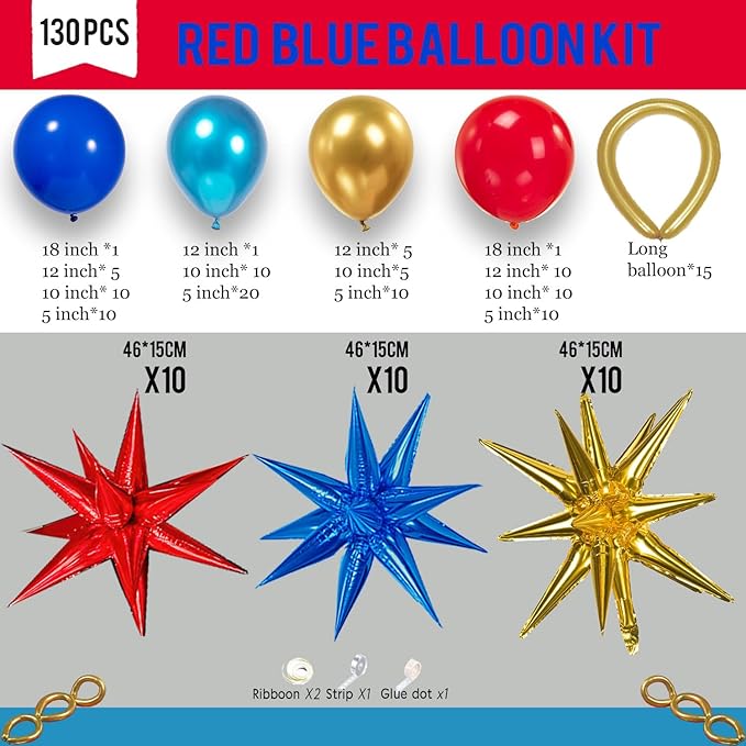 Kozee Red Blue Gold Balloon garland arch Kit 130 PCS chrome blue with foil Star diy long balloons for kid video game Cartoon Hedgehog theme birthday superhero gamer party decorations