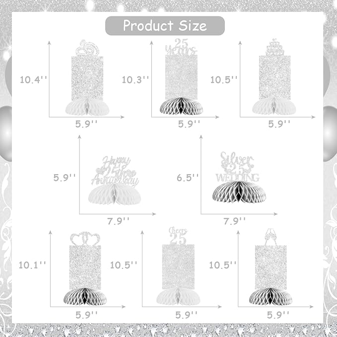 Cheereveal 8 Pieces Happy 25th Wedding Anniversary Honeycomb Centerpiece, Silver Glitter Photo Table Topper, Cheers to 25 Years Silver Wedding Theme Party Supplies for Men and Woman