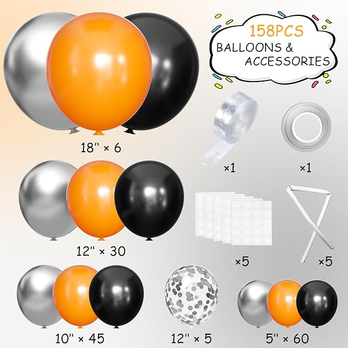 Orange Black and Metallic Silver Balloons Garland Arch Kit, 146 Pcs Latex Balloons with Confetti for Birthday Party Graduation Father's Day Anniversary Bachelorette Party Decoration