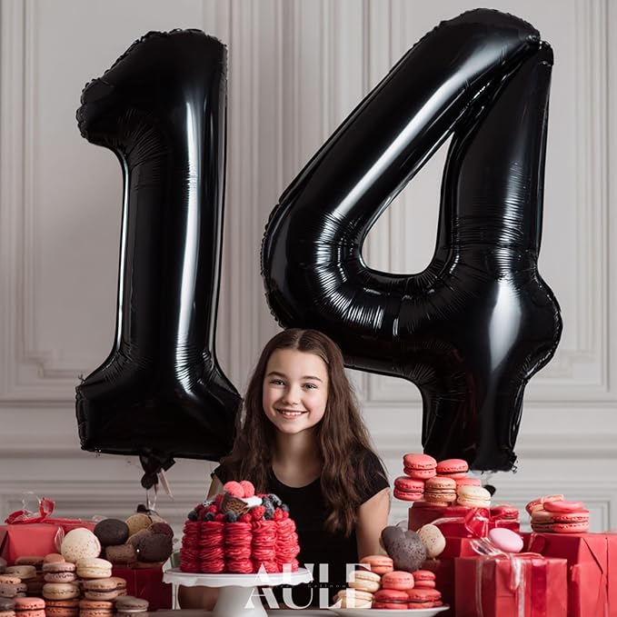 AULE 40 Inch Large 14 Balloon Numbers Black, Big Foil Number Balloons, Giant Helium Happy 14th Birthday Party Decorations for Boy and Girl, Huge Mylar Anniversary Party Supplies