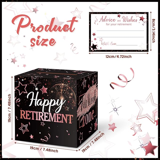 Funrous 51 Pcs Retirement Card Box Advice & Well Wishes Cards for Women Men Happy Retirement Party Decorations Going Away Party Favors(Rose Gold and Black)