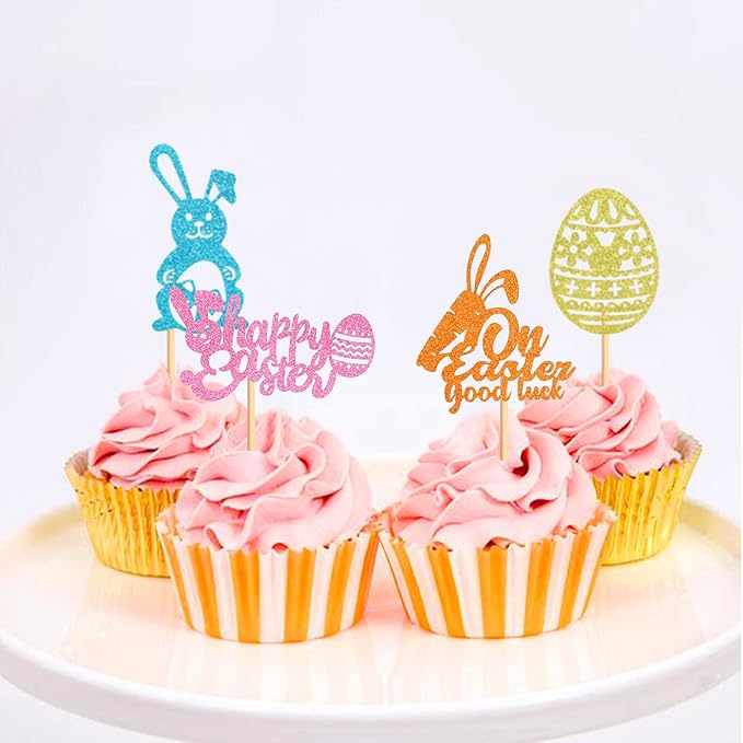 Ercadio 24Pcs Happy Easter Cupcake Toppers Glitter Bunny Easter Eggs On Easter Good Luck Cupcake Picks for Happy Easter Cupcake Decors Easter Baby Shower Birthday Wedding Party Supplies