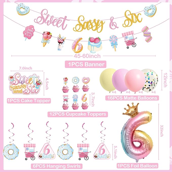 Sweet Sassy and Six Birthday Decorations for Girls - 6th Birthday With Donut Banner, Cake Topper, Foil Balloon for Ice Cream Party