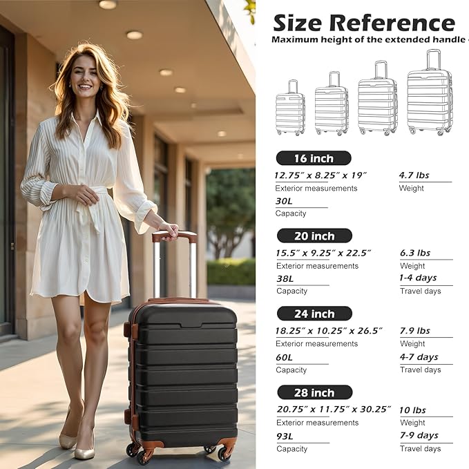 Coolife Luggage 3 Piece Set, Lightweight Durable Hardshell Suitcase set with 360° Spinner Wheels, TSA-approved Lock, Checked Family Travel Luggage sets, 16/20/24/28 Inch, Apricot Black