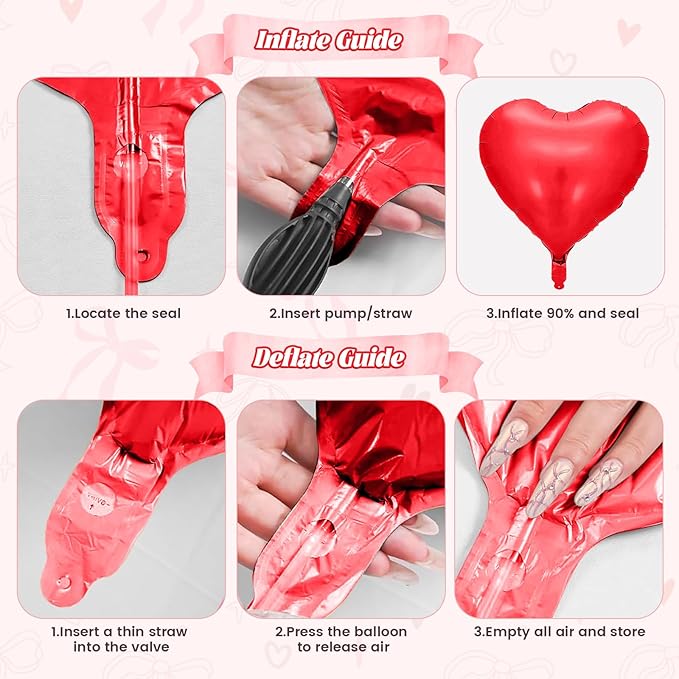 Red Heart Balloons, 38 Inch Bow Balloons, 16Pcs Red White Valentines Balloon Foil Balloon with Bow Ribbons for Birthday Wedding Bridal Baby Shower Valentines Day Decorations