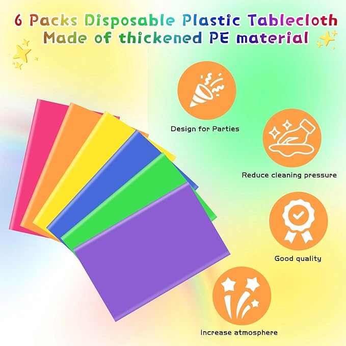 Mwellewm 6Pcs Plastic Table Cloth Disposable, Assorted Color Rainbow Tablecloth Colorful Neon Rectangle Bulk Solid Table Cover for Birthday Wedding Graduation Fiesta Home Party Decorations(54x72 Inch)
