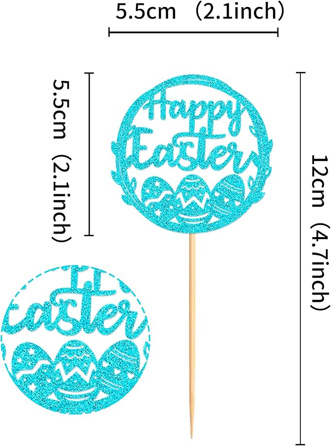 Ercadio 24Pcs Happy Easter Cupcake Toppers Glitter Blue Happy Easter Eggs Cupcake Picks for Easter Day Theme Baby Shower Easter Birthday Wedding Anniversary Party Cupcake Decorations