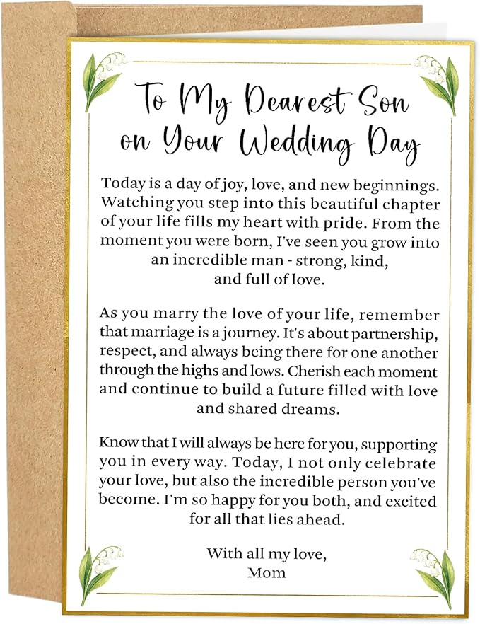 Romantic Son Wedding Card from Mom, Groom Card Gift from Mom, To My Dearest Son on Your Wedding Day