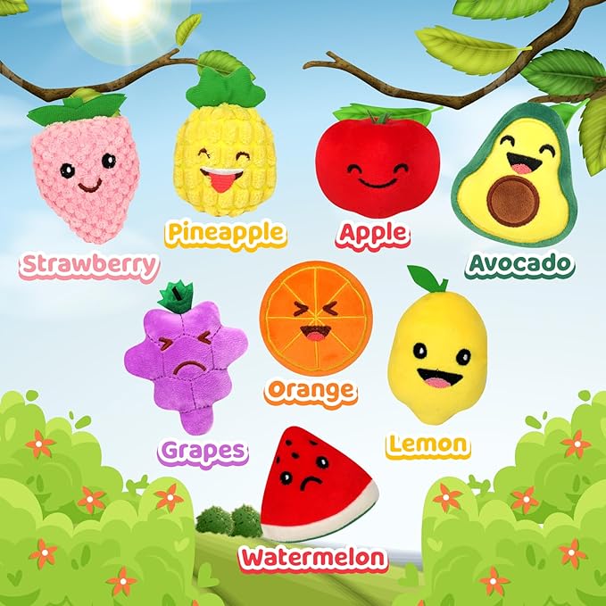 Sensory Toys for Kids, 8 Pack Mini Fruit Soft Stuffed Plush Toy for Girls or Boys as Party Decorations, Toddler Pretend Play Kitchen Food, Strawberry, Avocado, Pineapple and Orange