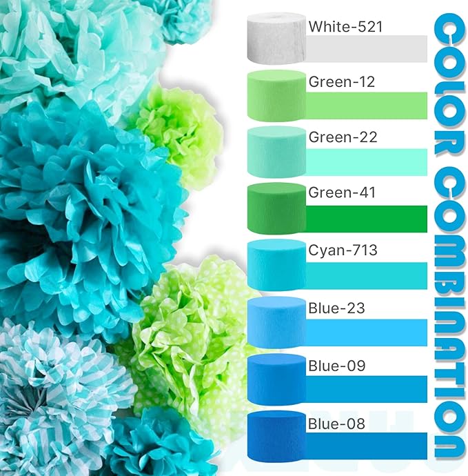 PartyWoo White and Blue Crepe Paper Streamers 4pcs 328ft Pack of Light Blue Pearl White Crepe Paper Streamers for Birthday Gender Reveal Baby Shower Graduation Pool Under The Sea Party Decorations