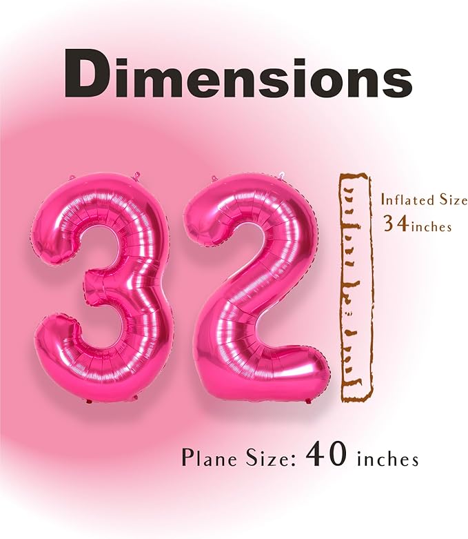 SUWEN 40 Inch Large Hot Pink 32 Balloon Numbers Big Foil Helium Number Balloons 0-9 Jumbo Happy 32nd Mylar Birthday Party Decorations for Women 23 Anniversary Party Supplies