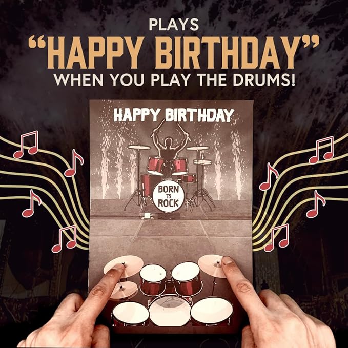 Interactive Music Birthday Card - Playable Musical Birthday Cards for Men, Unique Gift for Guitar Players, Drummers & Pianist, Musician Friends & Son, Musical Instrument Touch to Play (Drums)