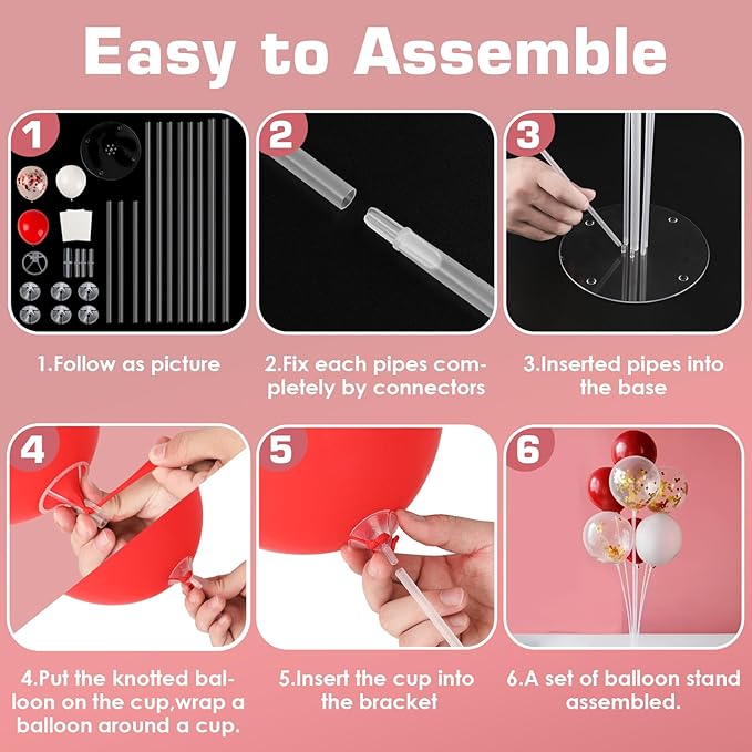 6 Sets Balloon Stand Kits, Balloon Sticks with Base for Table Centerpieces Graduation Birthday Baby Shower Gender Reveal Party Decorations(Red&White)