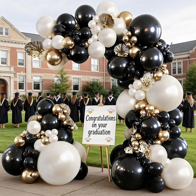 Black and Gold Balloon Arch Kit, Double Stuffed 129 Pcs Gold and Black Balloons Garland with Black Pearl White Sand Ivory Chrome Gold Balloons for Wedding Birthday Event New Year's Party Decoration
