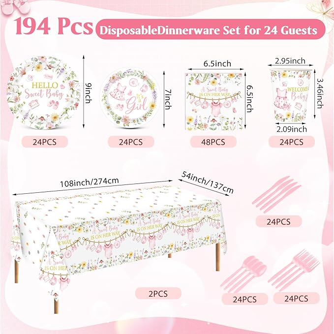Pickmesh 194 Pcs It's a Girl Sweet Baby Shower Decorations for 24, Spring Pink Floral Baby Shower Paper Plates and Napkins Cups Tablecloth Cutlery for Gender Reveal Party Supplies
