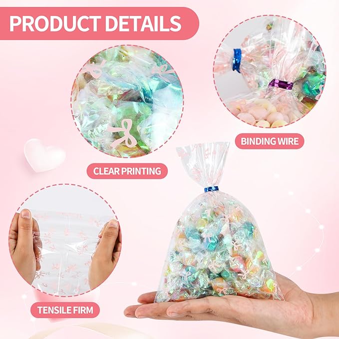 Docvania Cello Cellophane Treat Gift Bags Pink bow Cookie Bags 100 pcs 5 X 7 Goodie Bag with Ties for Mother's Day, Valentine's Day and Parties, Weddings