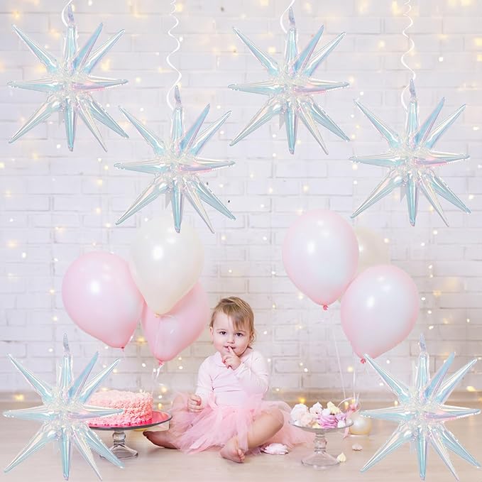 6PCS Iridescent Star Balloons, 22Inch Huge Iridescent Explosion Star Balloons Holographic Spike Cone Foil Balloon for Baby Shower Bridal Shower Wedding Birthday Party Decorations