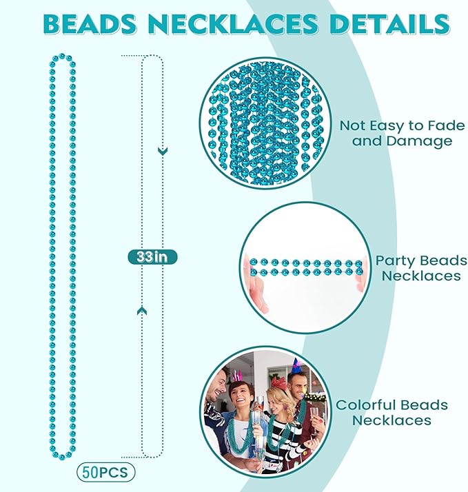 SHAOQINLIN 50 PCS Teal Bead Necklaces, Teal Mardi Gras Beads Necklaces Turquoise Party Beads Necklace Bulk Round Beaded Necklaces for Mardi Gras, Christmas, School Spirit Day Party Favors