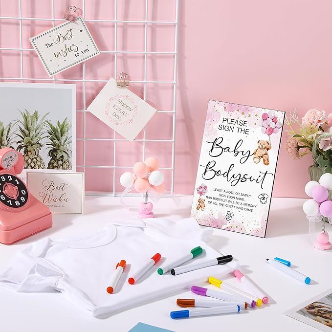 Qunclay 12 Pcs Baby Shower Game Decor with White Unisex Bodysuit Wooden Sign Tabletop Decor and Marker for Guests(Pink Bear)