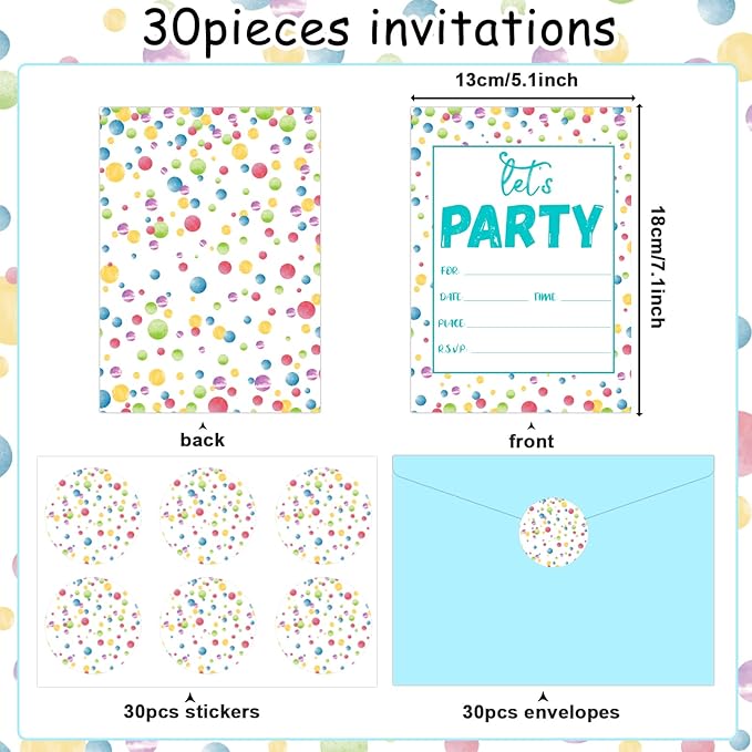 30 Pieces Confetti Birthday Invitations LET'S PARTY Watercolor Dot Invitation Set for Boys Girls Kids Birthday Invitations with Sticker Labels Envelopes Rainbow Polka Dot Party Supplies Decorations