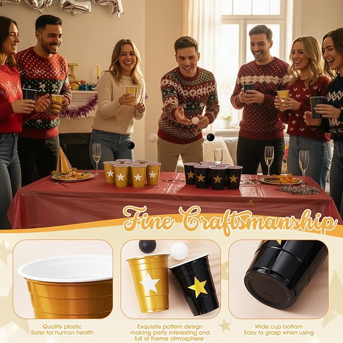 32 Pcs 2026 Graduation Party Star Game Set Include 16oz Black Gold Plastic Cups with 8 Balls, Plastic Cups for Graduation Party Decor Juice Beverage Outdoor Toss Game Supplies