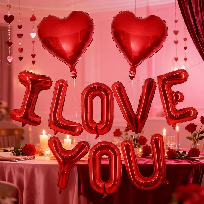 Valentines Day Balloons Decorations Red 10 Pcs 16 Inch - "I Love You" Letter + Heart Balloons with Tape Straws Ribbon for Romantic Party Proposal Wedding Bedroom Valentines Day Decor