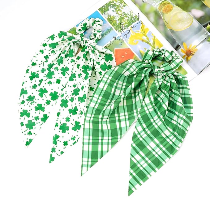 St.Patrick's Day Hair Ties for Woman Girls Green Plaid Shamrock Ribbon Hair Scrunchies Elastic Irish Lucky Leaf Hair Tie St.Patricks Party Supplies Hair Accessories 2PCS