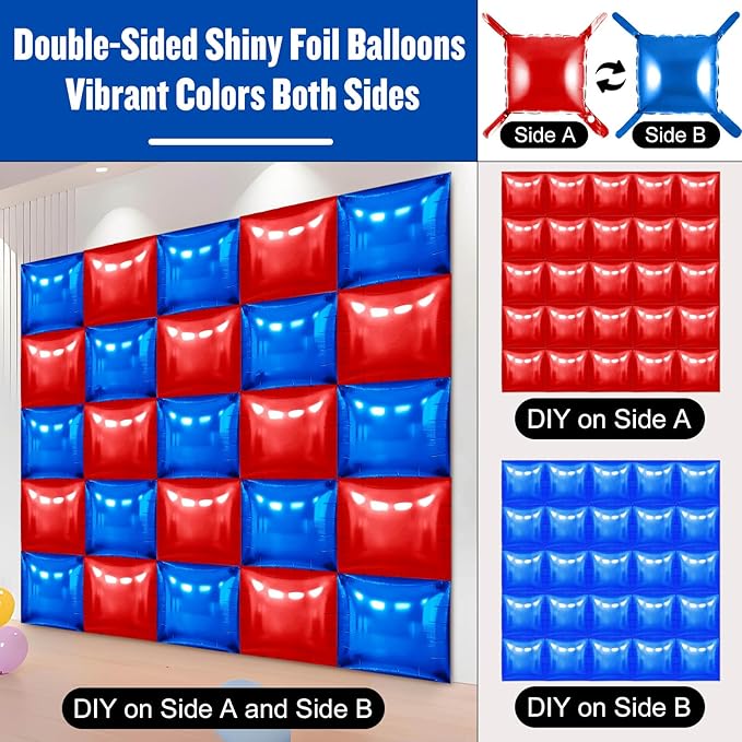 36Pcs Red and Blue Square Foil Balloons Wall Backdrop, Double Sided Metallic Foil Balloons Tunnel Arch Garland Kit for Photo Booth Birthday Wedding Halloween Christmas Party Decorations