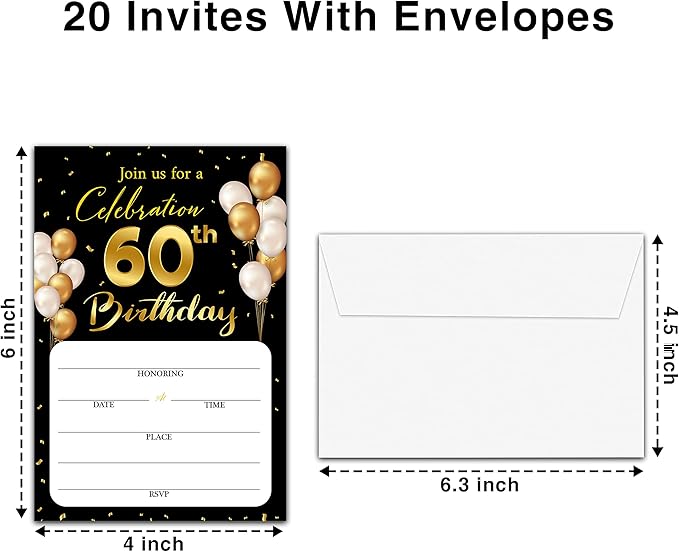 60th Birthday Invitation Cards with Envelopes - Classic Gold Theme Fill in The Blank Birthday Party Invite Cards, for Man, Woman Entertain Banquet Party Supplies, 20 Invites With Envelopes - B16